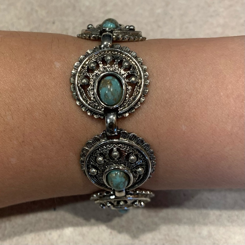 Sarah Coventry Bracelet Indian Treasure Vintage Faux Turquoise Silvertone Boho